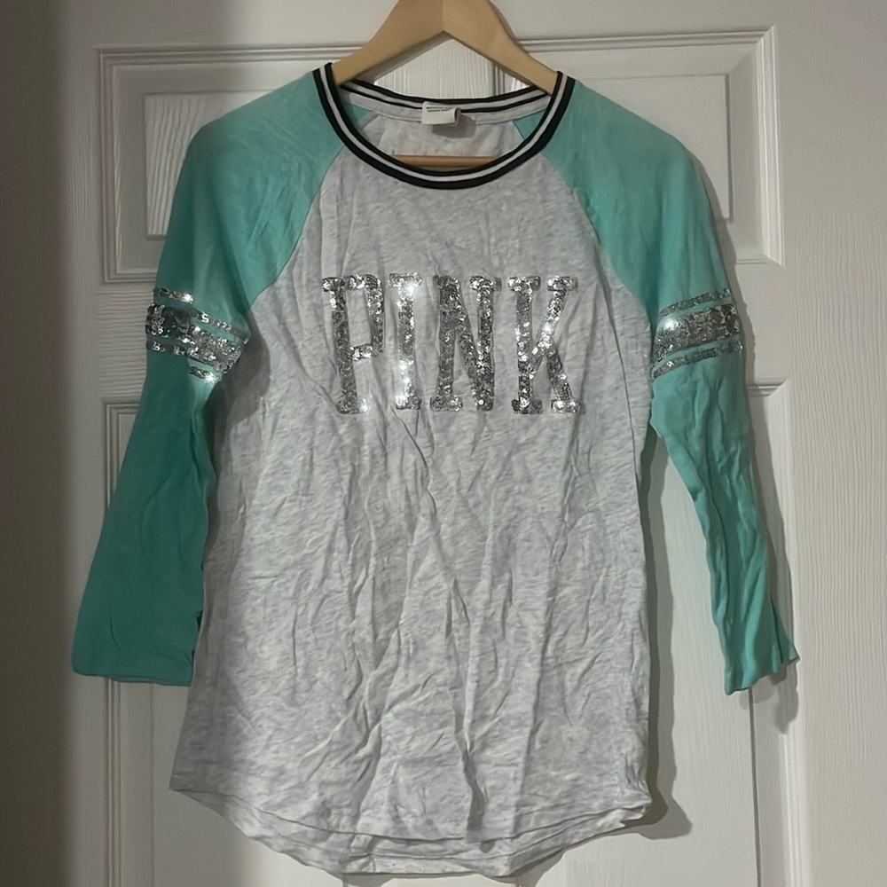 VS Pink sequin quarter sleeve collegiate top